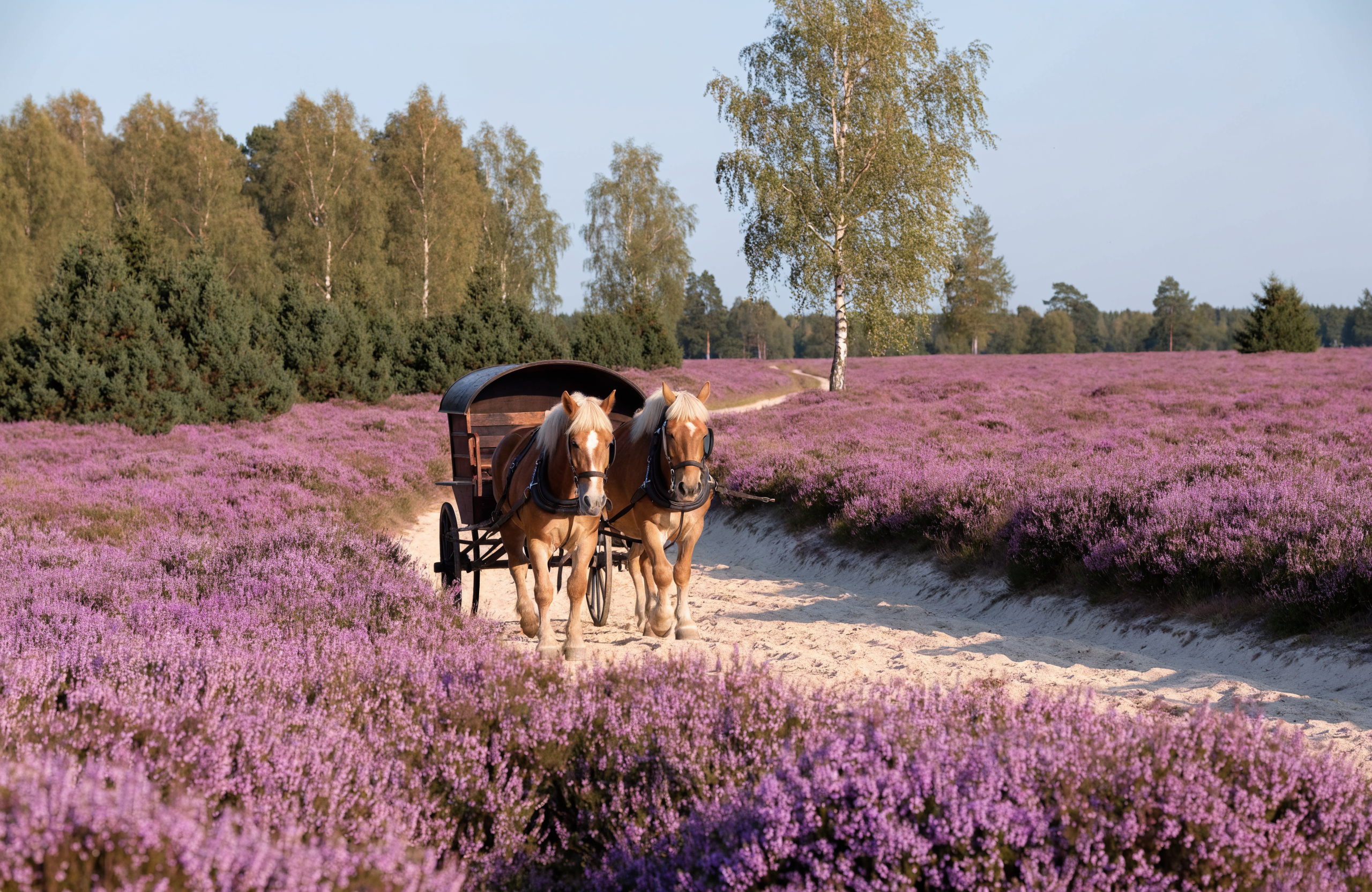 Zwei Haflinger ziehen eine geschmückte Kutsche durch die blühende Lüneburger Heide