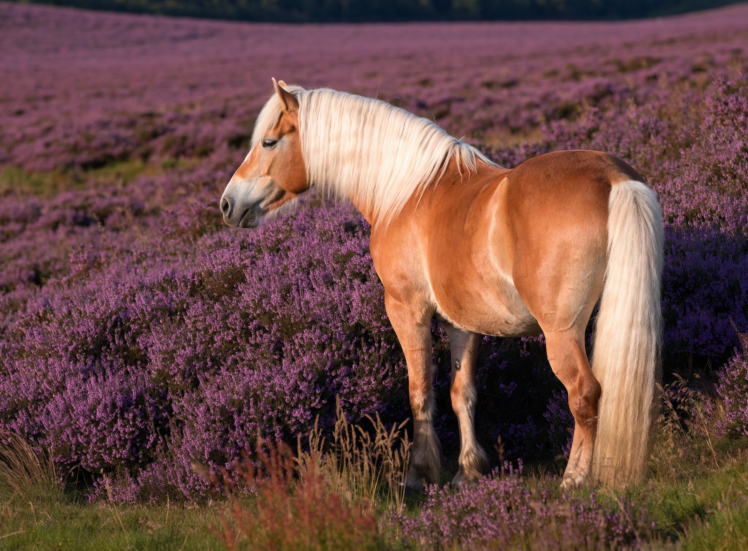 Haflinger im Profil in der blühenden Heidelandschaft