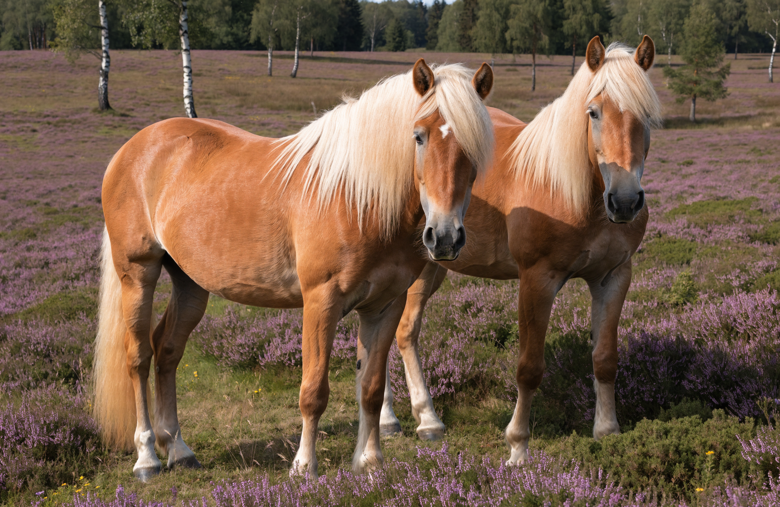 Zwei Haflinger mit heller Mähne in der blühenden Heide